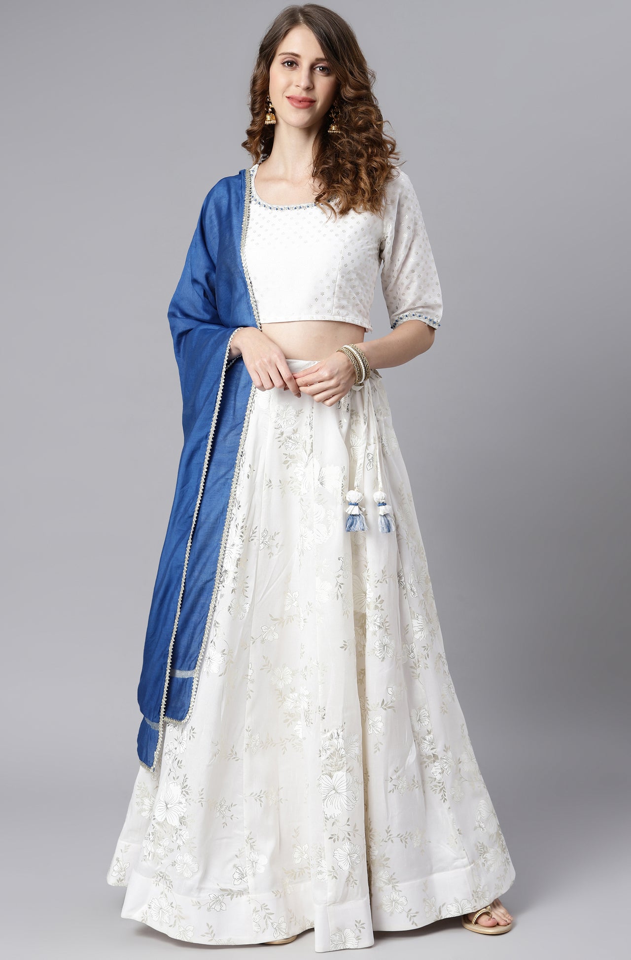 Janasya Women's White Poly Silk Floral Print Lehenga Choli With Dupatta - Distacart