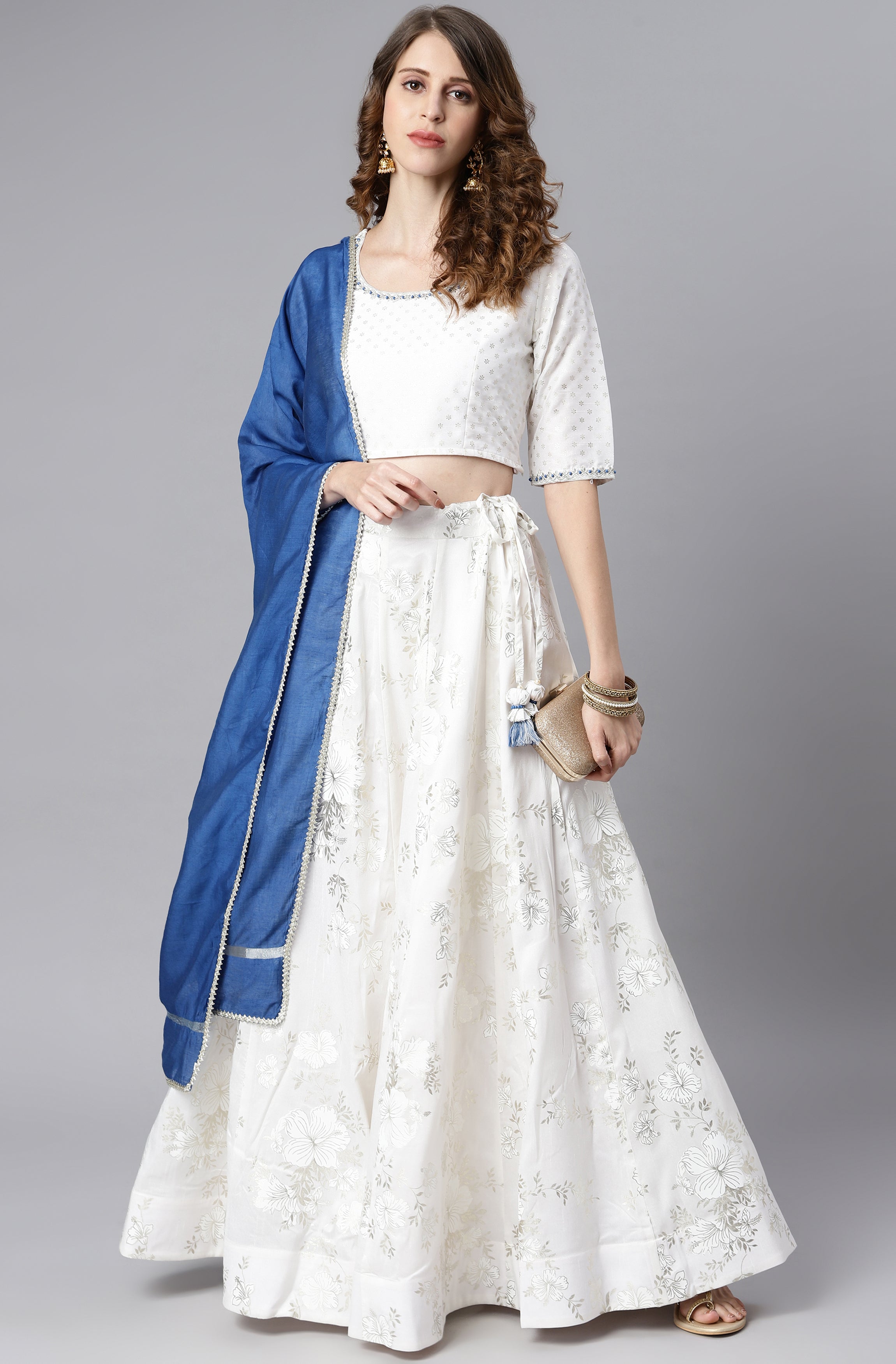 Janasya Women's White Poly Silk Floral Print Lehenga Choli With Dupatta - Distacart