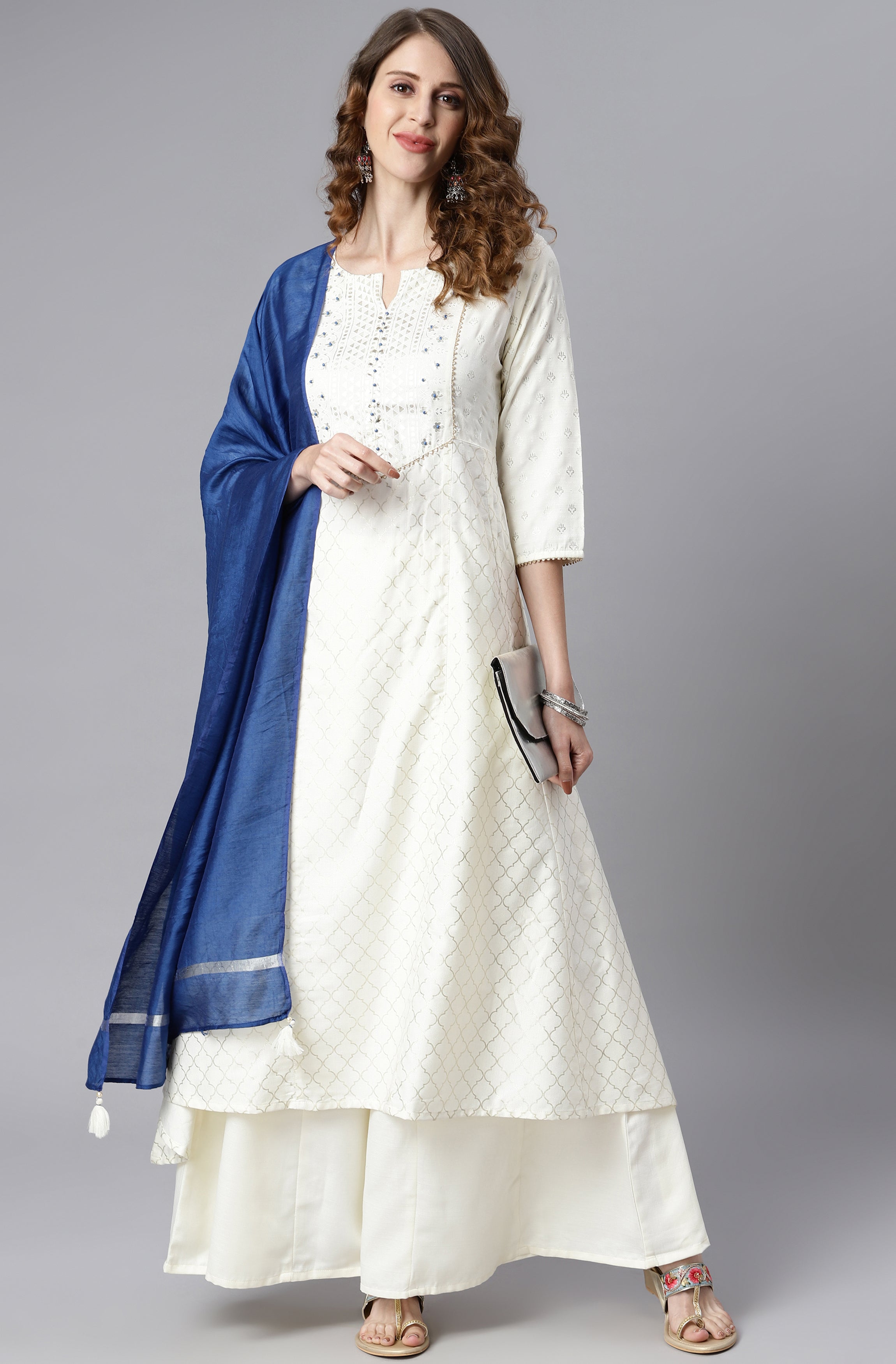 Janasya Women's Off- White Poly Silk Ethnic Motifs Kurta With Palazzo And Dupatta - Distacart
