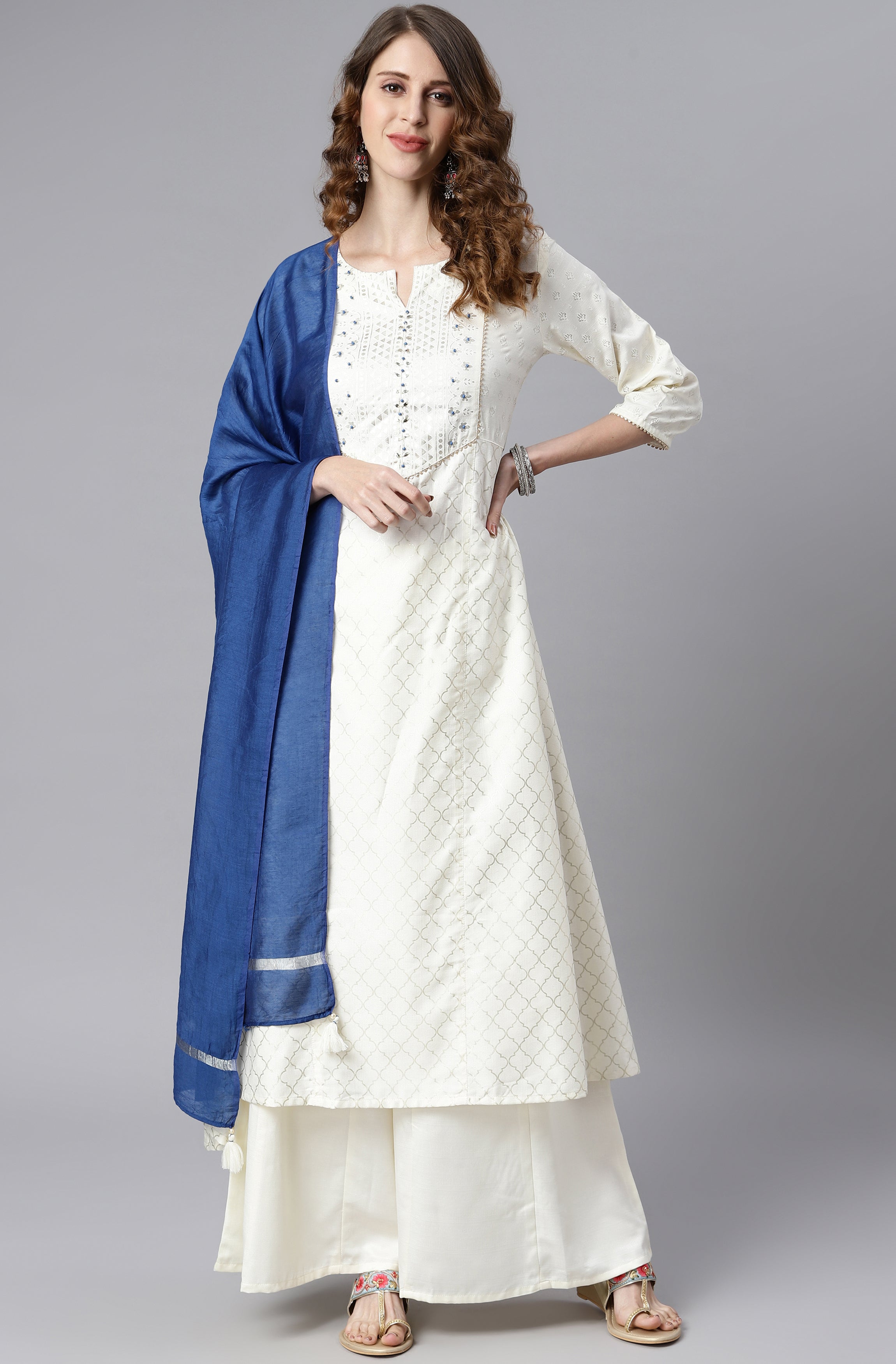 Janasya Women's Off- White Poly Silk Ethnic Motifs Kurta With Palazzo And Dupatta - Distacart