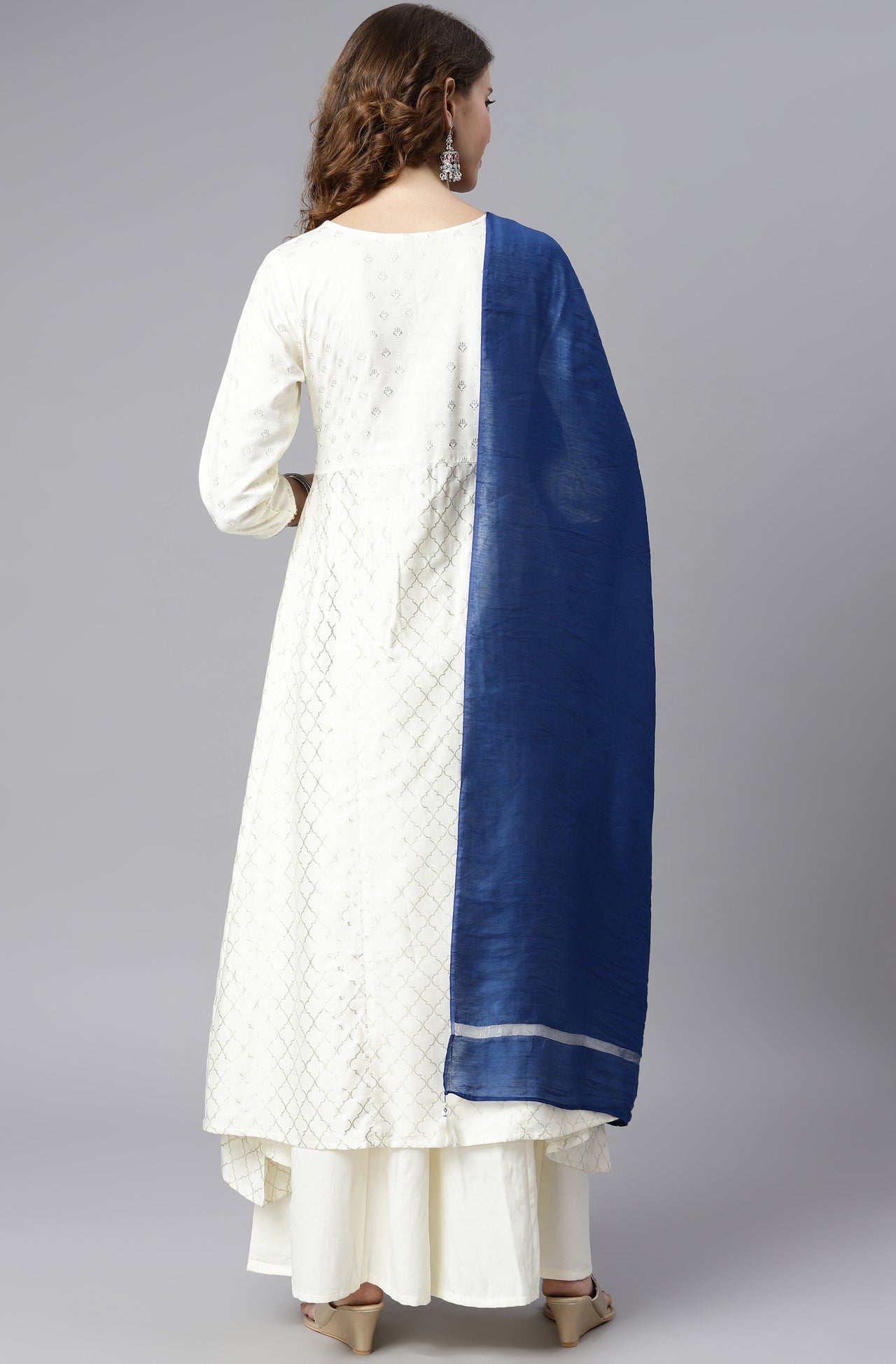 Janasya Women's Off- White Poly Silk Ethnic Motifs Kurta With Palazzo And Dupatta - Distacart