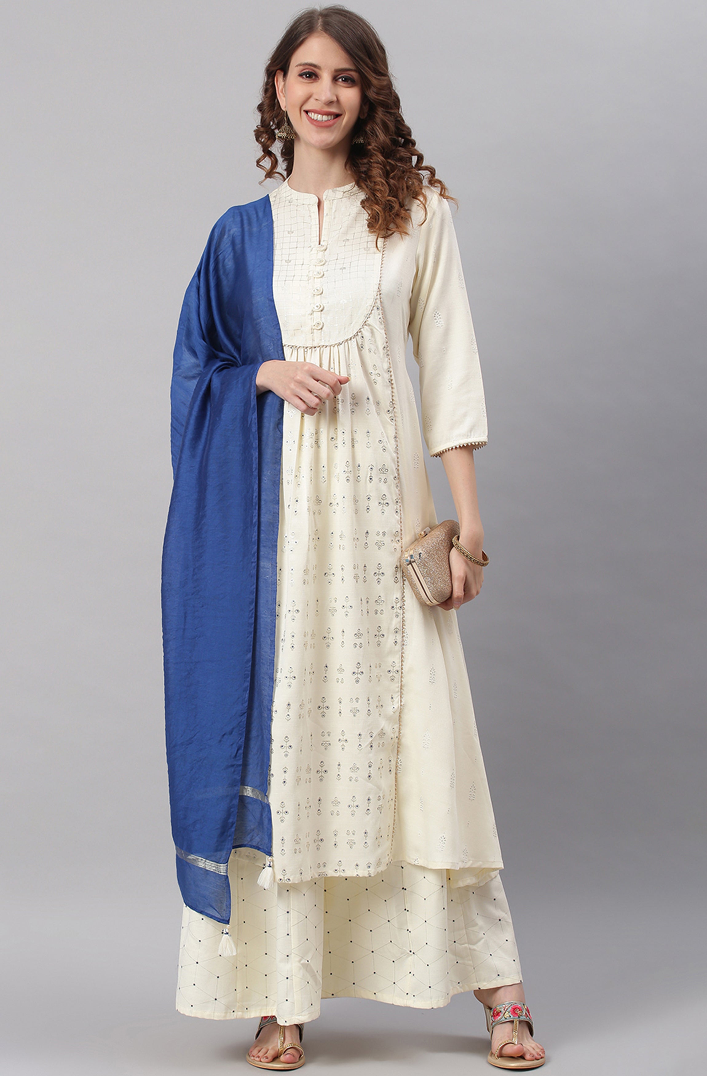 Janasya Women's Off- White Poly Silk Ethnic Motifs Kurta With Palazzo And Dupatta - Distacart