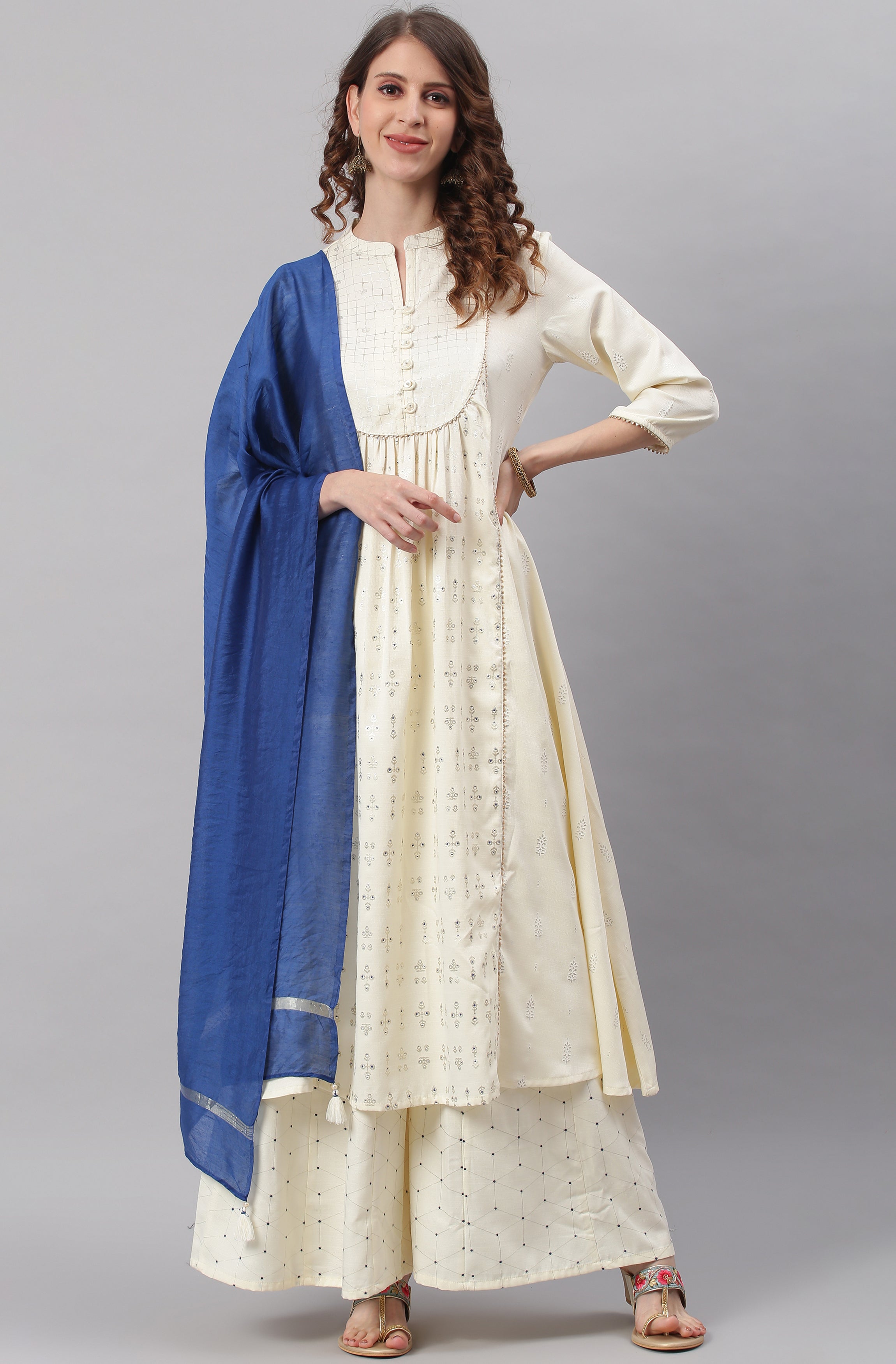 Janasya Women's Off- White Poly Silk Ethnic Motifs Kurta With Palazzo And Dupatta - Distacart