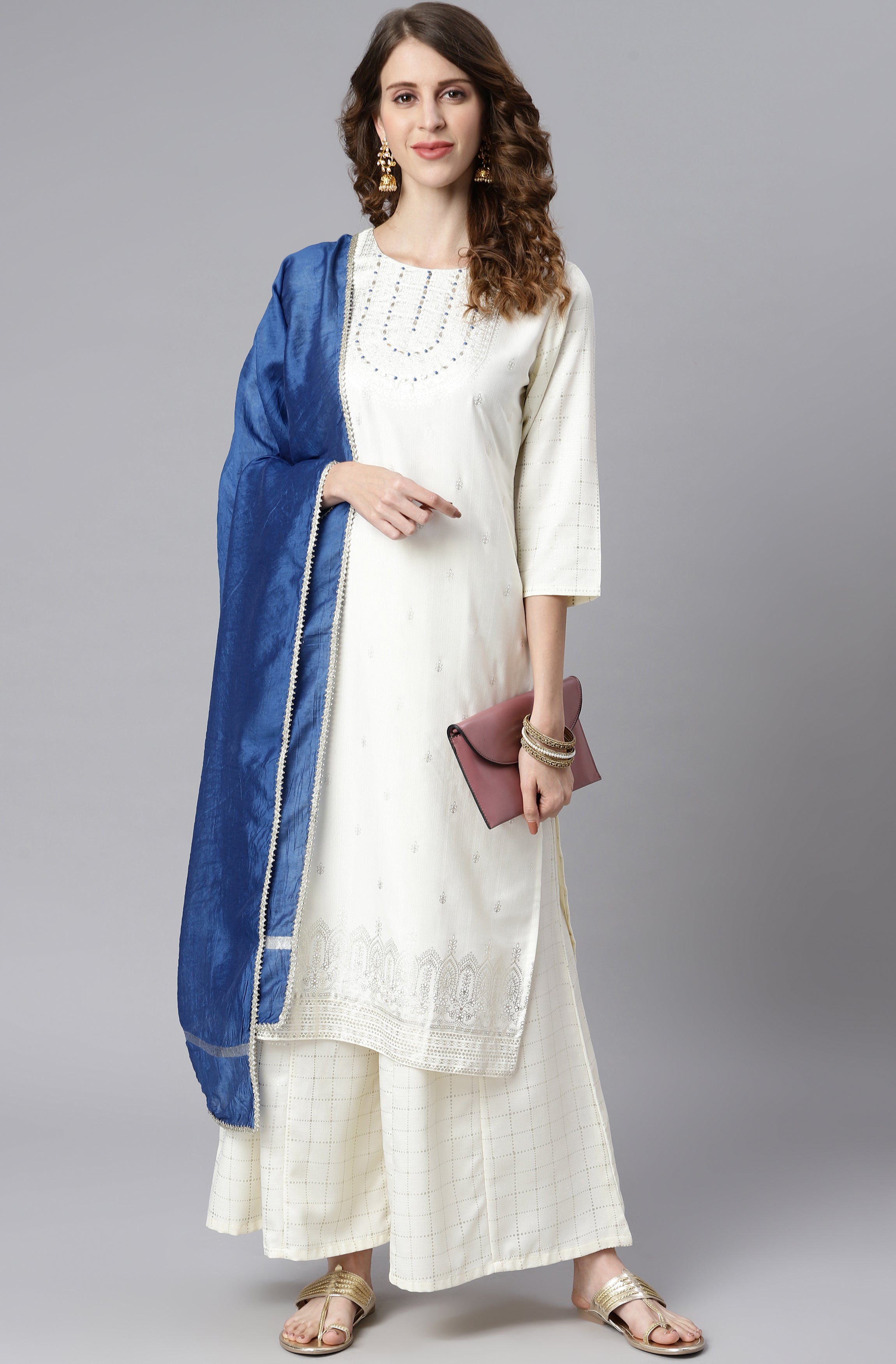 Janasya Women's Off- White Poly Silk Ethnic Motifs Kurta With Palazzo And Dupatta - Distacart