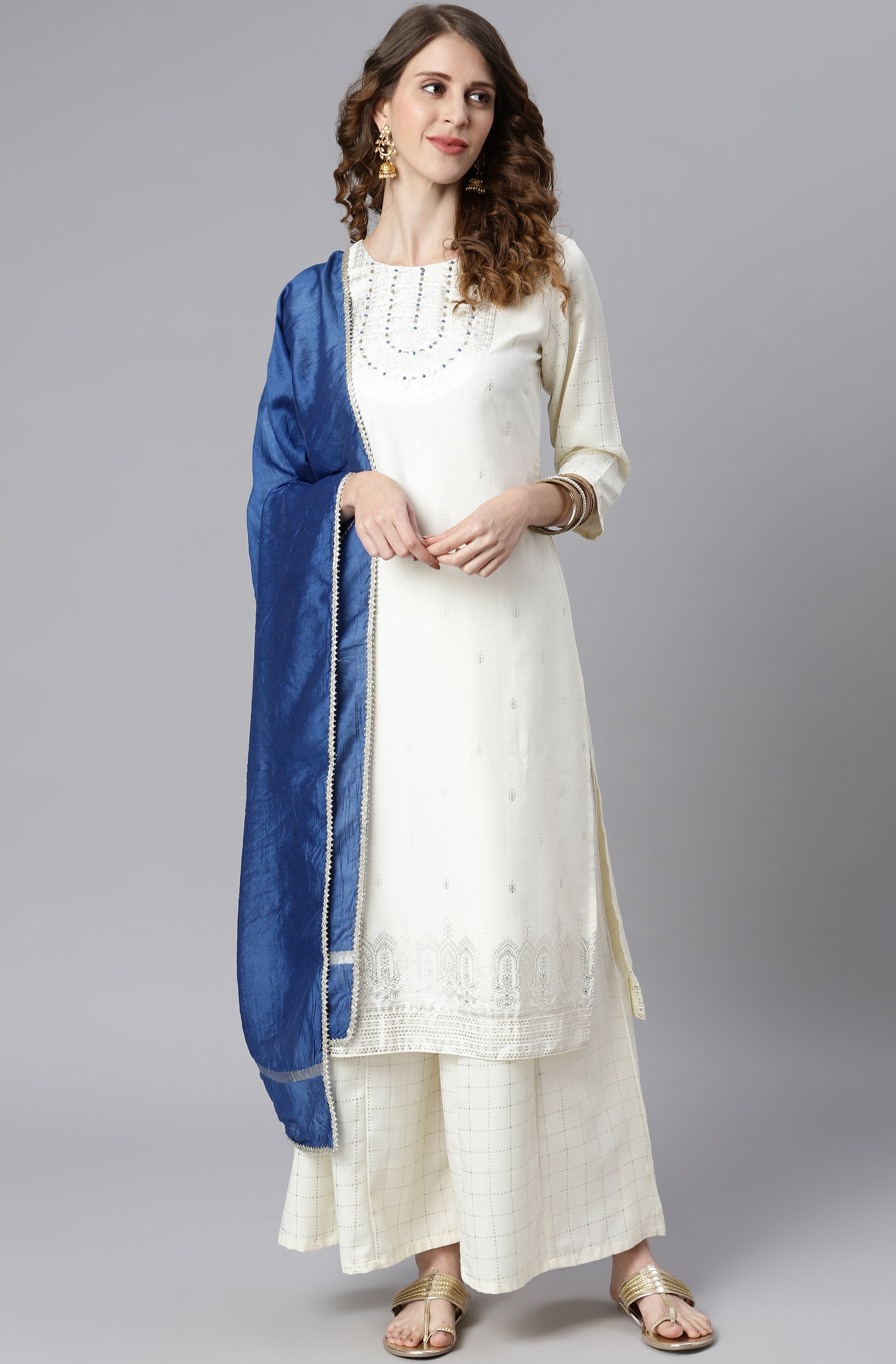 Janasya Women's Off- White Poly Silk Ethnic Motifs Kurta With Palazzo And Dupatta - Distacart