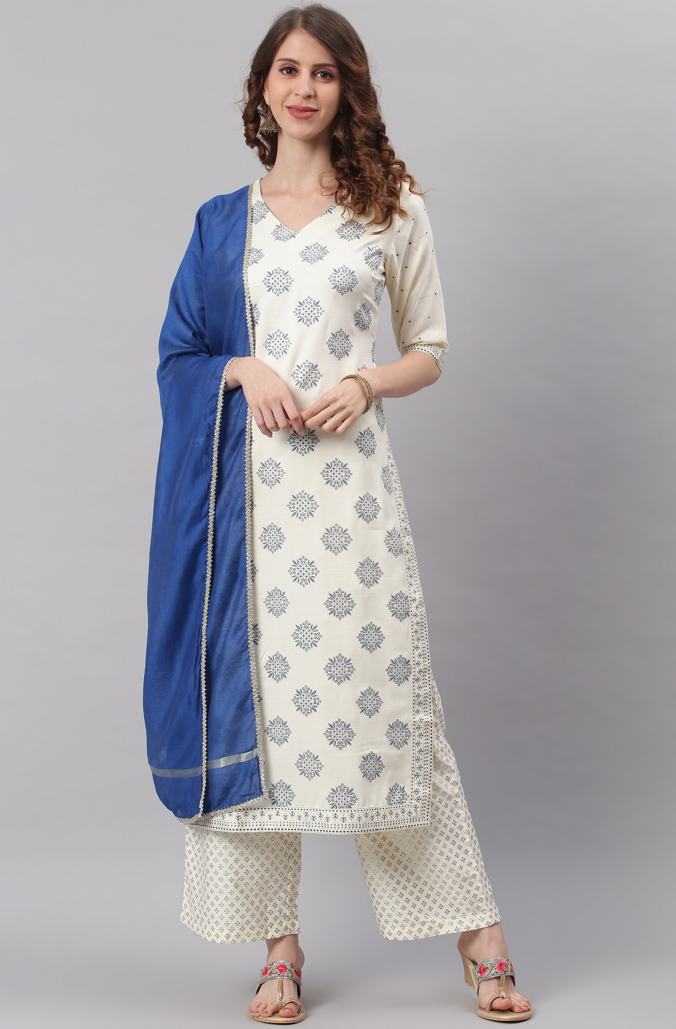 Janasya Women's Off- White Poly Silk Ethnic Motifs Kurta With Palazzo And Dupatta - Distacart