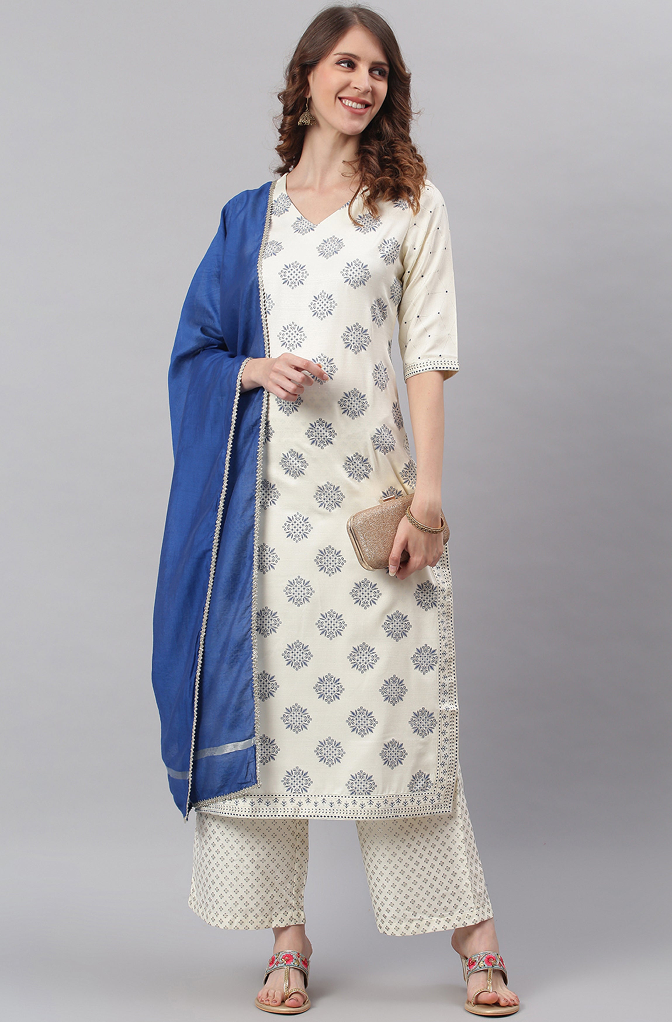 Janasya Women's Off- White Poly Silk Ethnic Motifs Kurta With Palazzo And Dupatta - Distacart