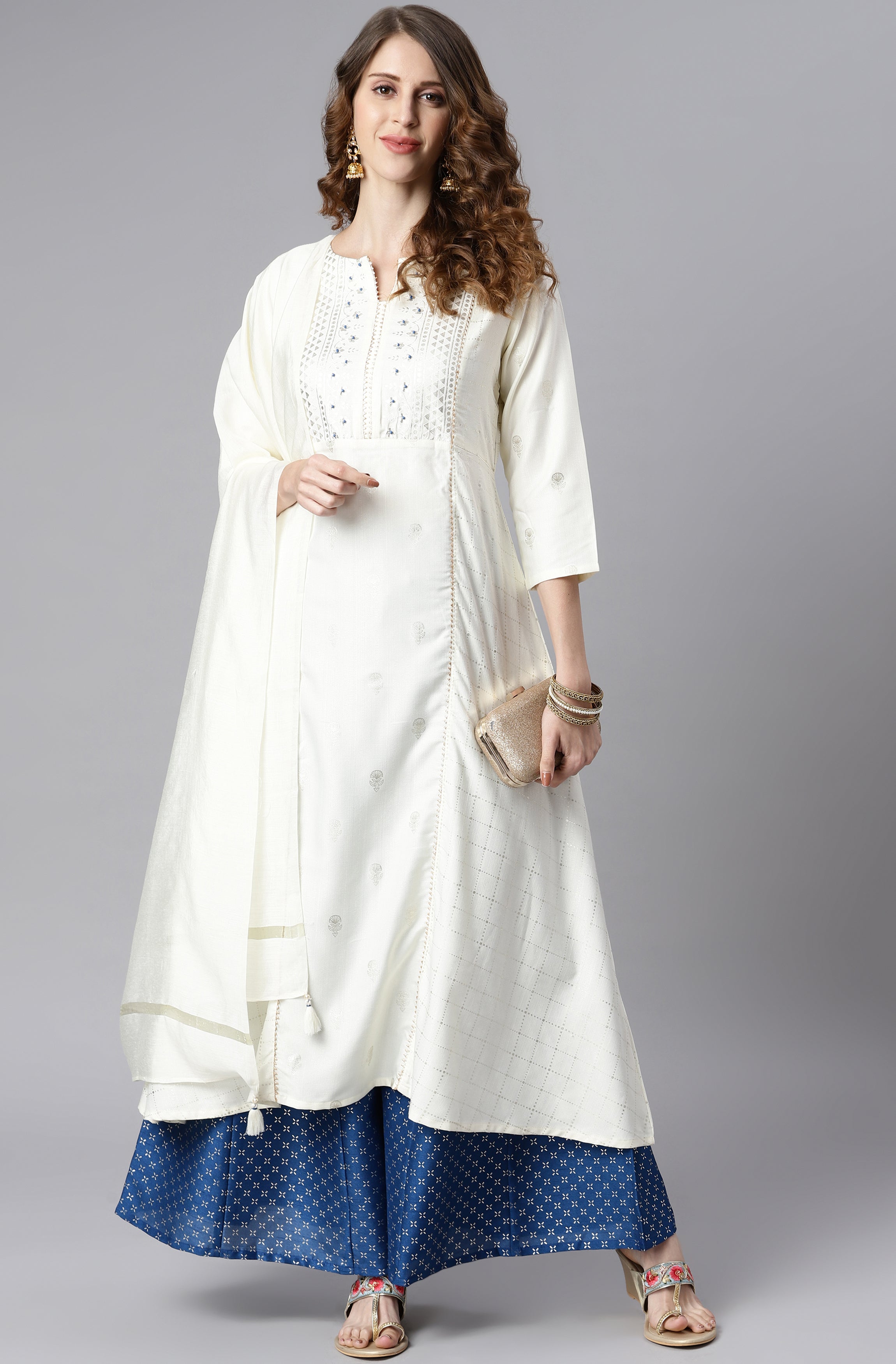 Janasya Women's Off- White Poly Silk Ethnic Motifs Kurta With Palazzo And Dupatta - Distacart