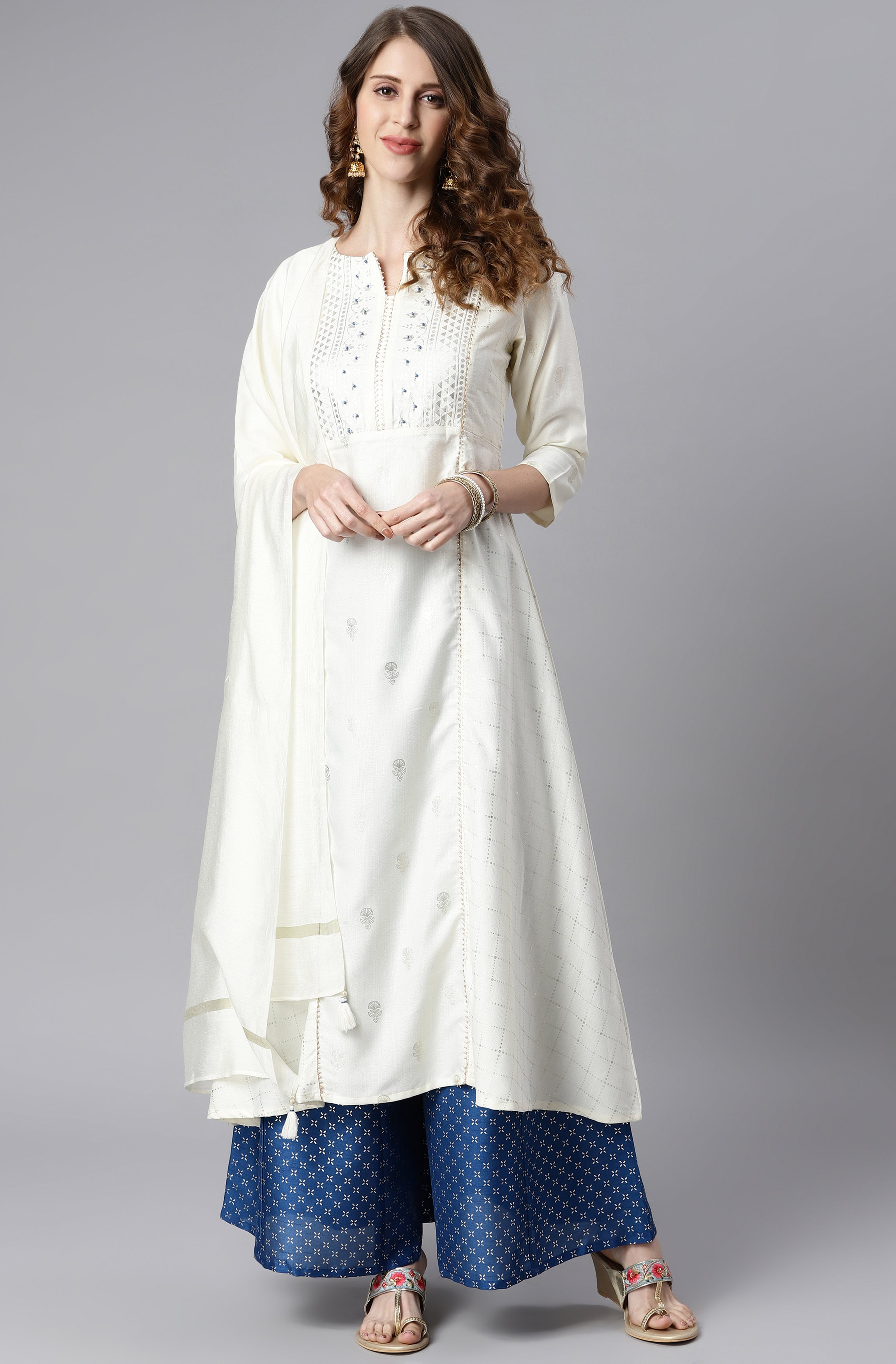 Janasya Women's Off- White Poly Silk Ethnic Motifs Kurta With Palazzo And Dupatta - Distacart