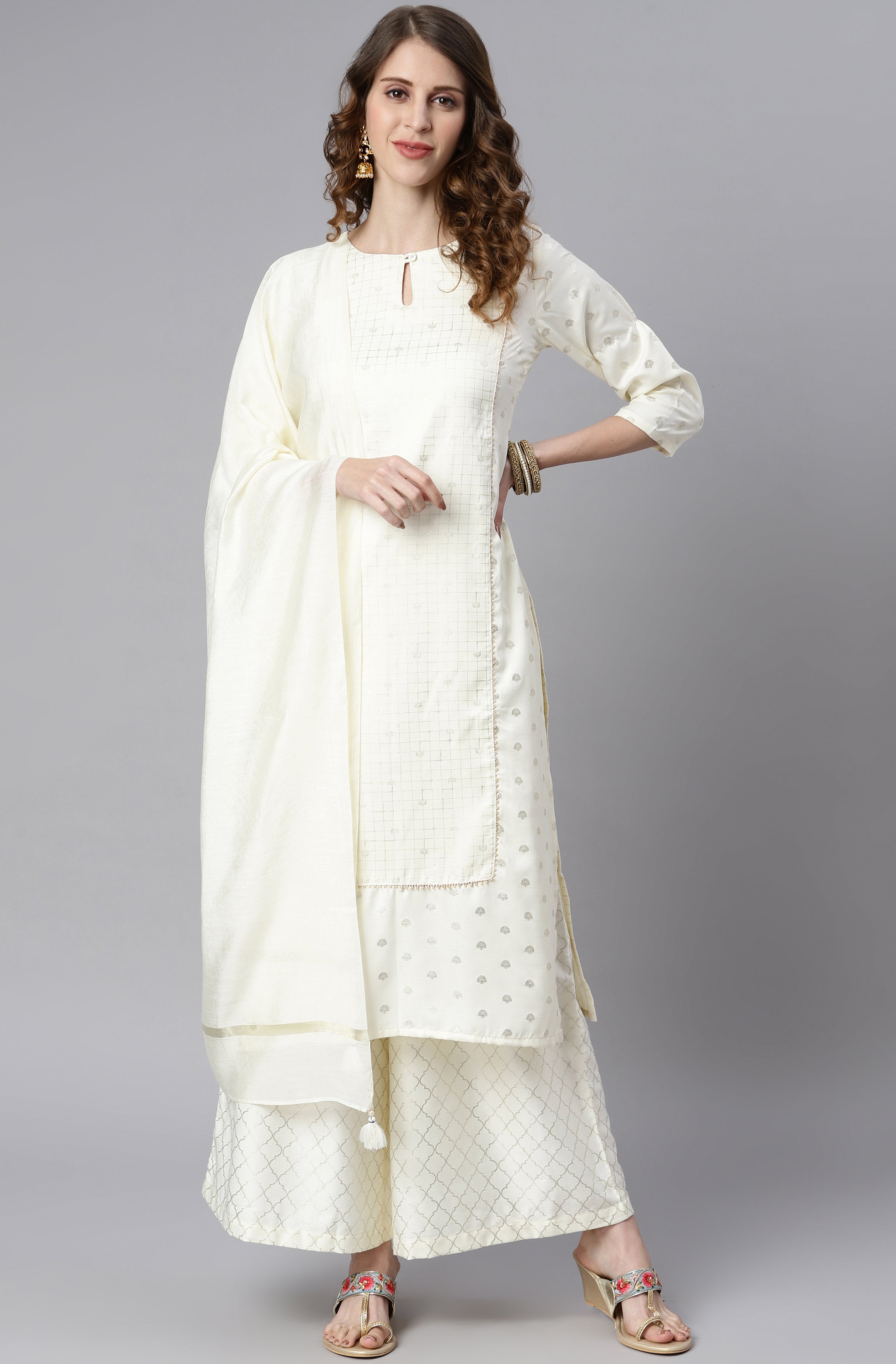 Janasya Women's Off- White Poly Silk Ethnic Motifs Kurta With Palazzo And Dupatta - Distacart