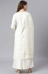Thumbnail for Janasya Women's Off- White Poly Silk Ethnic Motifs Kurta With Palazzo And Dupatta - Distacart