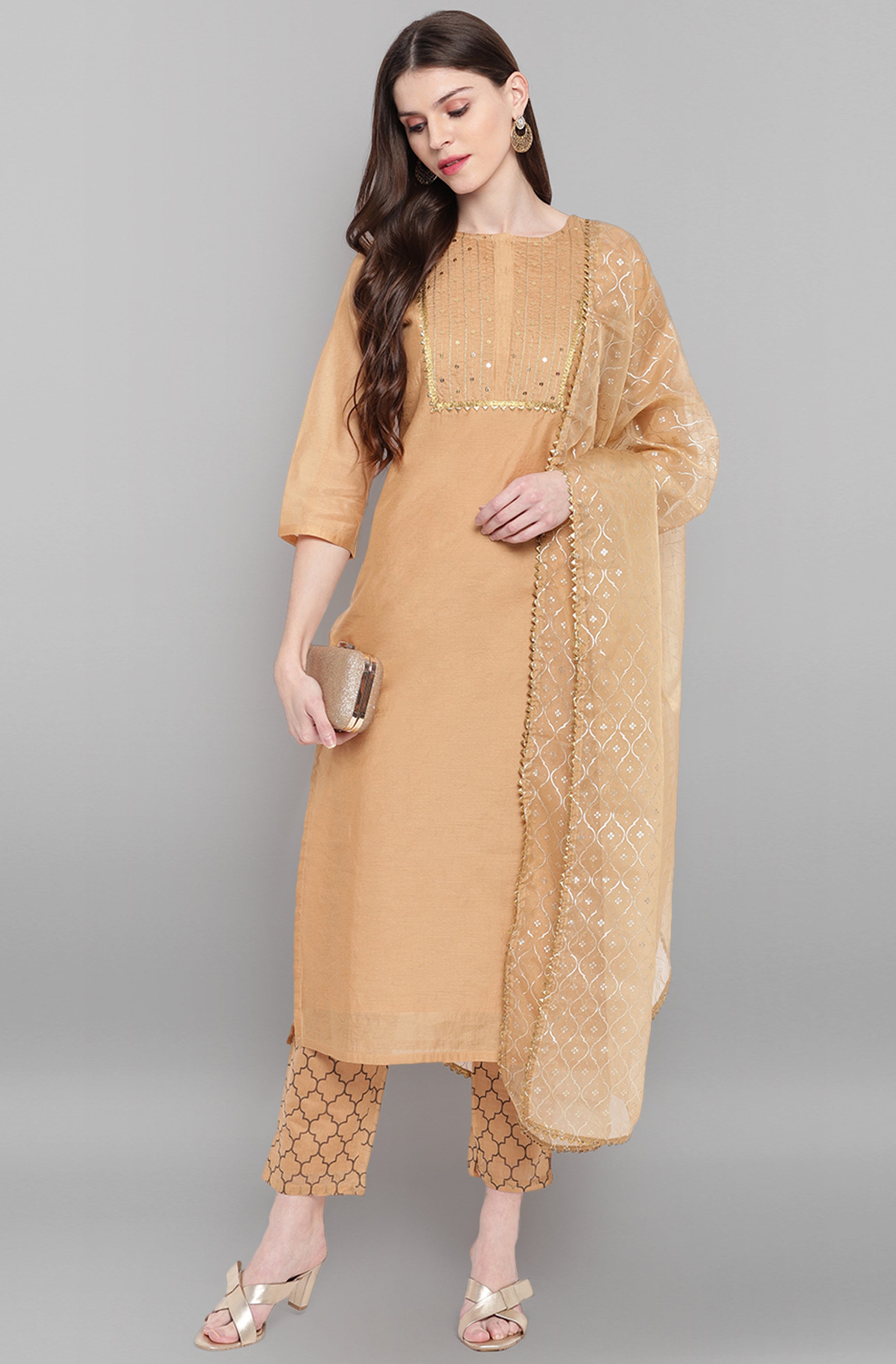 Janasya Women's Gold Poly Chanderi Embellished Kurta With Pant And Dupatta - Distacart