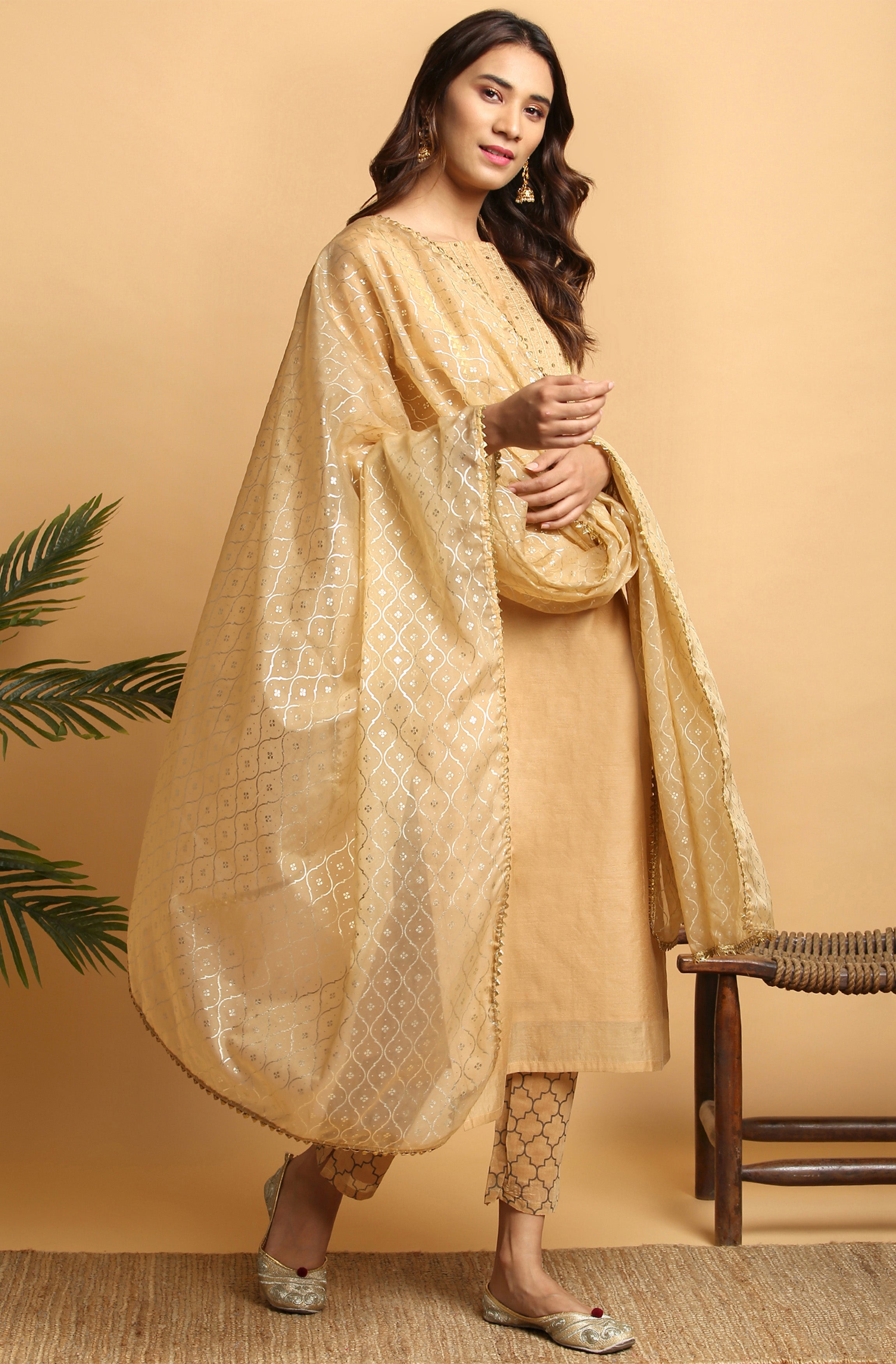 Janasya Women's Gold Poly Chanderi Embellished Kurta With Pant And Dupatta - Distacart
