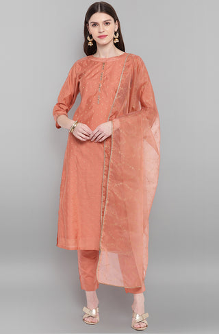 Janasya Women's Rose Gold Poly Muslin Embroidered Kurta With Pant And Dupatta - Distacart