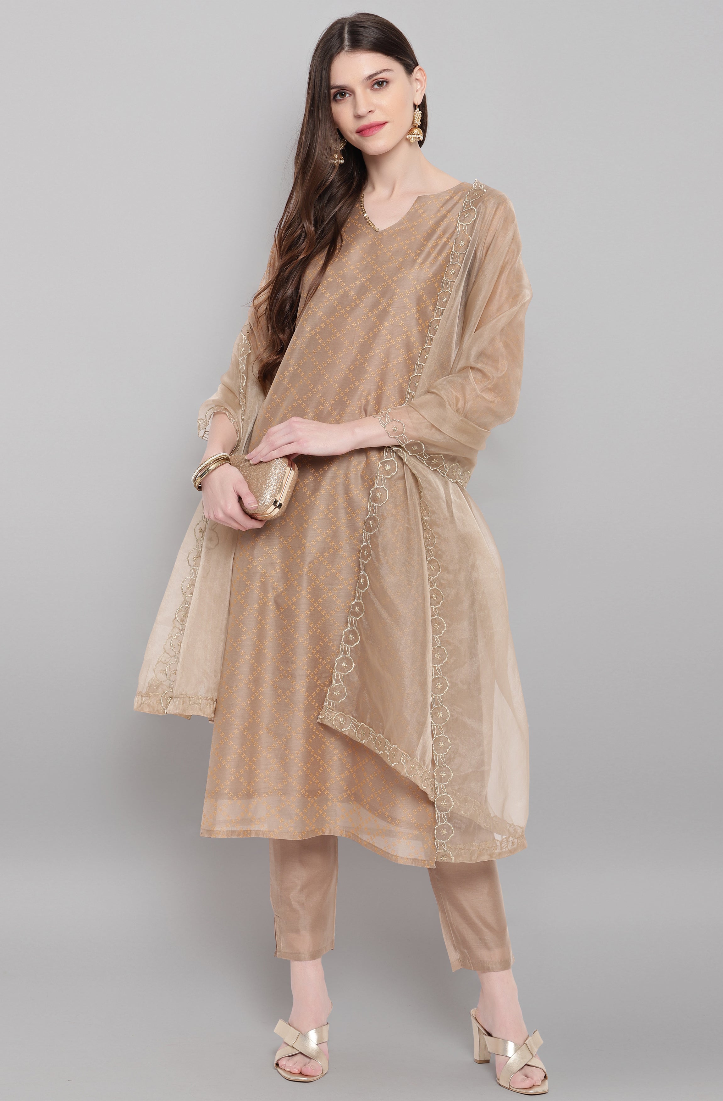 Janasya Women's Light Brown Poly Chanderi Floral Print Kurta With Pant And Dupatta - Distacart