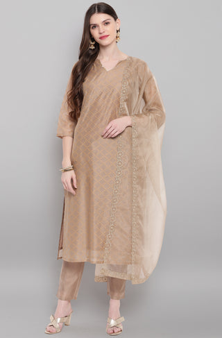 Janasya Women's Light Brown Poly Chanderi Floral Print Kurta With Pant And Dupatta - Distacart