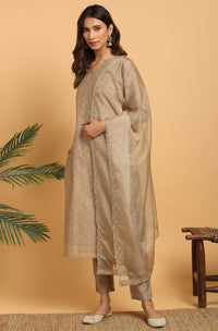 Thumbnail for Janasya Women's Light Brown Poly Chanderi Floral Print Kurta With Pant And Dupatta - Distacart