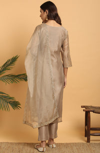 Thumbnail for Janasya Women's Light Brown Poly Chanderi Floral Print Kurta With Pant And Dupatta - Distacart