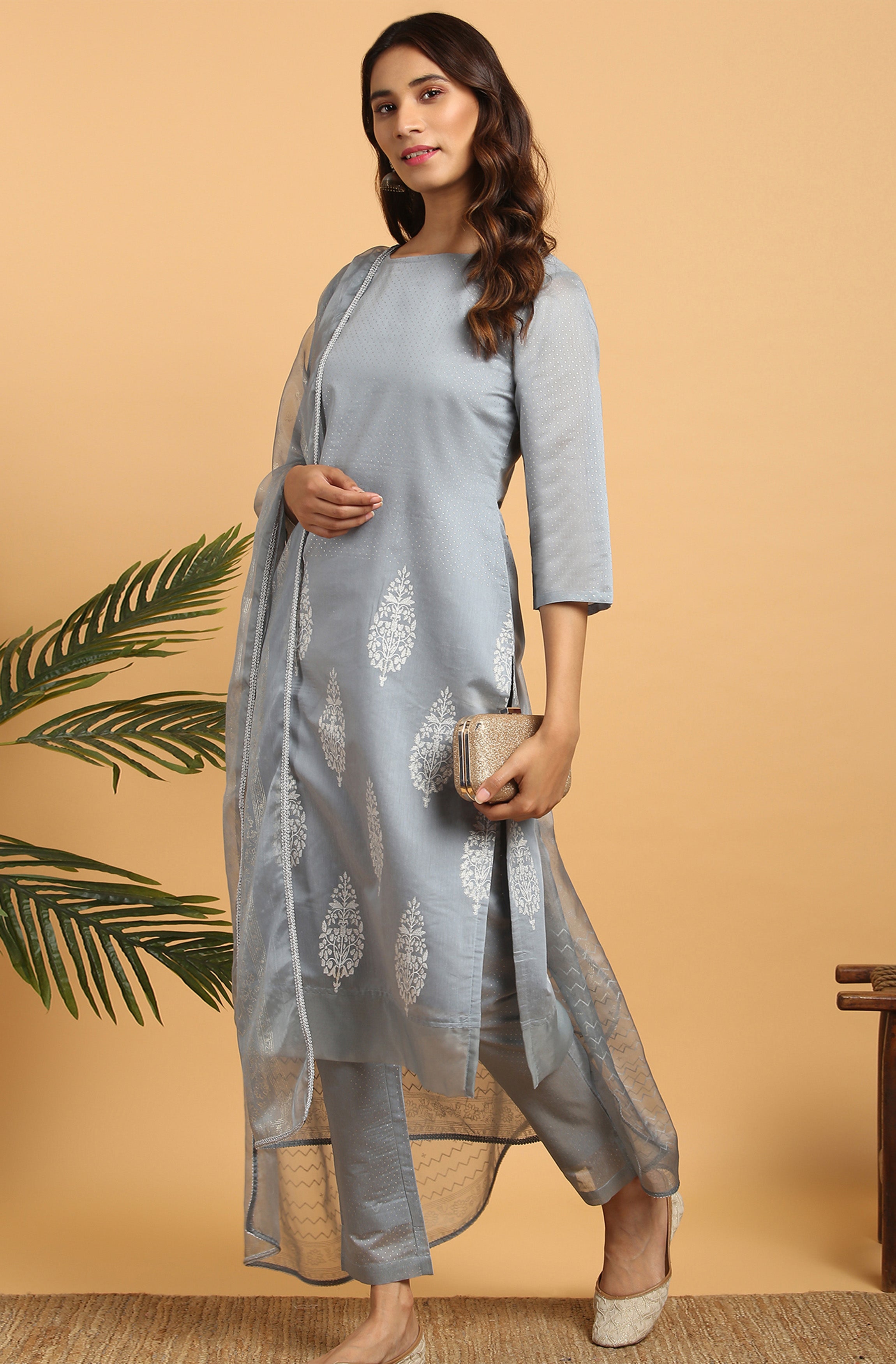 Janasya Women's Grey Poly Chanderi Ethnic Motifs Kurta With Pant And Dupatta - Distacart