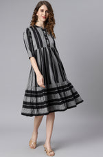 Thumbnail for Janasya Women's Black Cotton Striped Flared Western Dress - Distacart