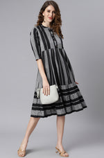 Thumbnail for Janasya Women's Black Cotton Striped Flared Western Dress - Distacart