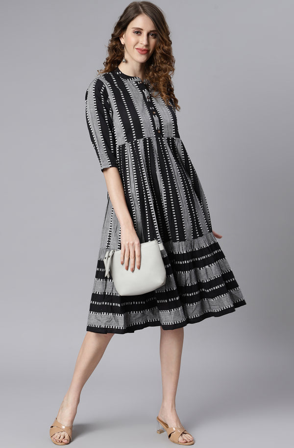 Janasya Women's Black Cotton Striped Flared Western Dress - Distacart