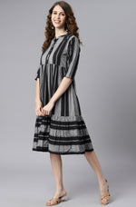 Thumbnail for Janasya Women's Black Cotton Striped Flared Western Dress - Distacart