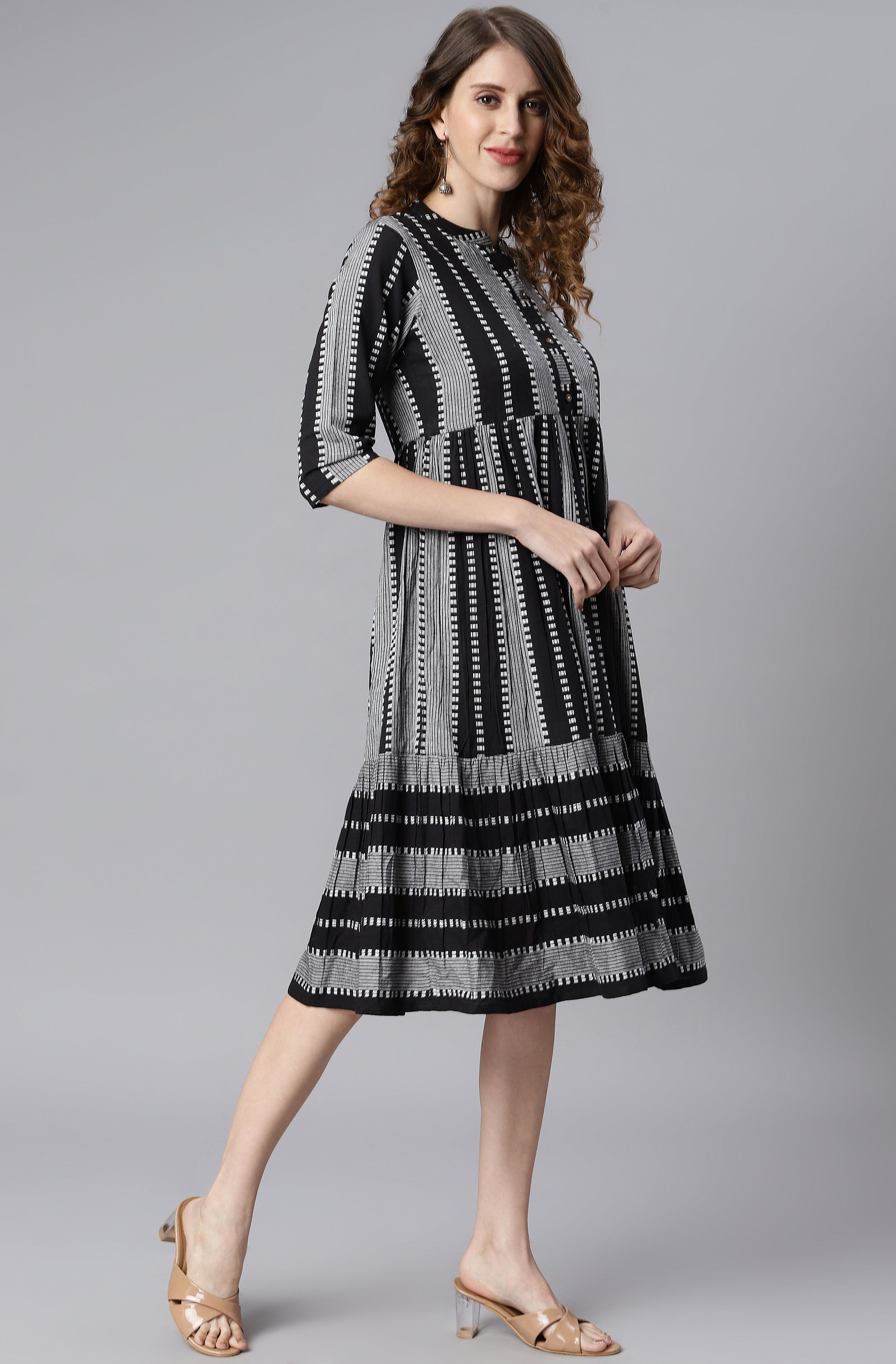 Janasya Women's Black Cotton Striped Flared Western Dress - Distacart