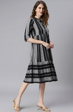 Thumbnail for Janasya Women's Black Cotton Striped Flared Western Dress - Distacart