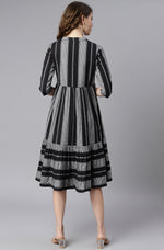 Thumbnail for Janasya Women's Black Cotton Striped Flared Western Dress - Distacart