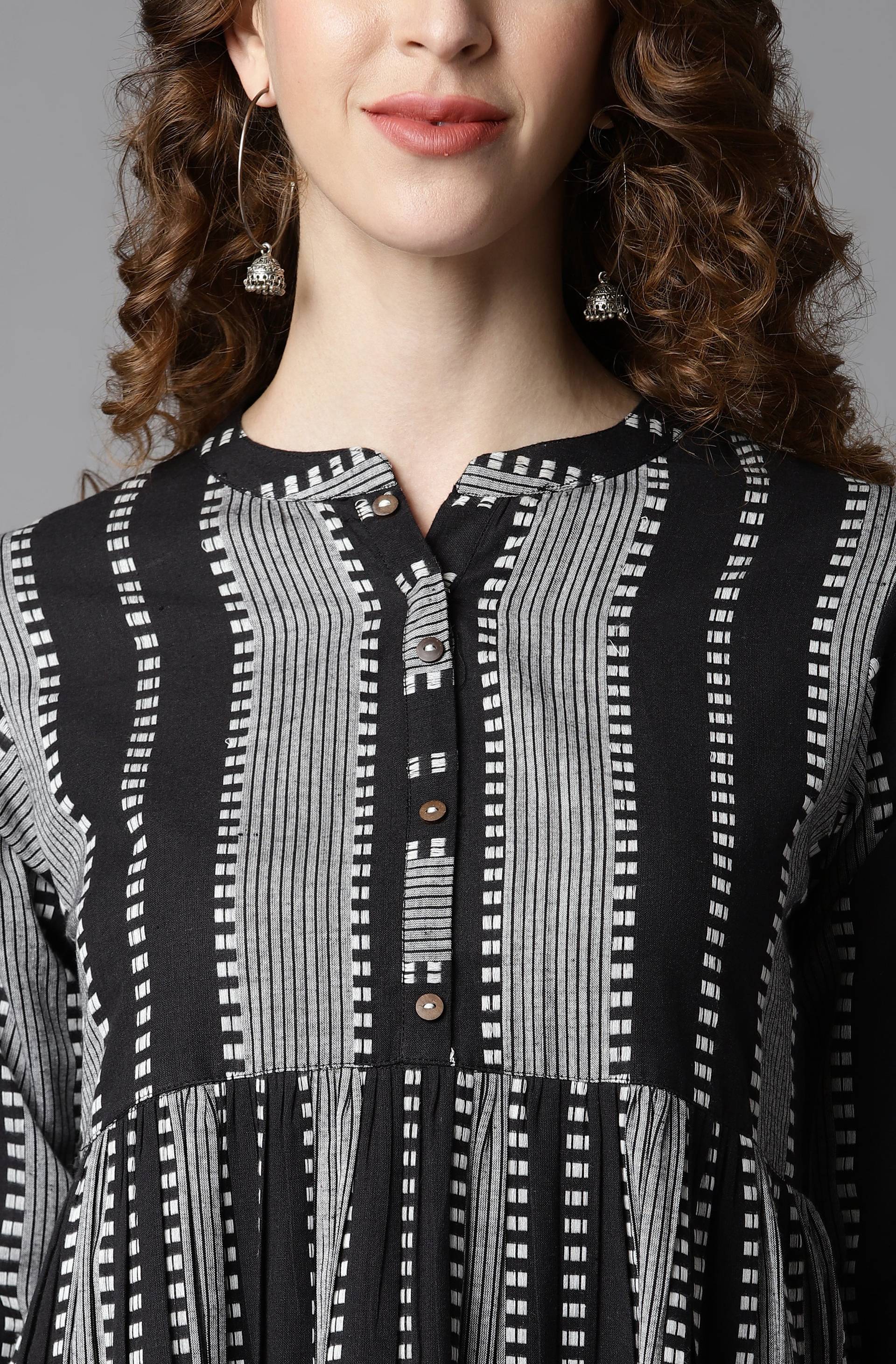 Janasya Women's Black Cotton Striped Flared Western Dress - Distacart