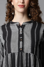 Thumbnail for Janasya Women's Black Cotton Striped Flared Western Dress - Distacart