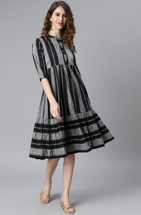 Janasya Women's Black Cotton Striped Flared Western Dress - Distacart