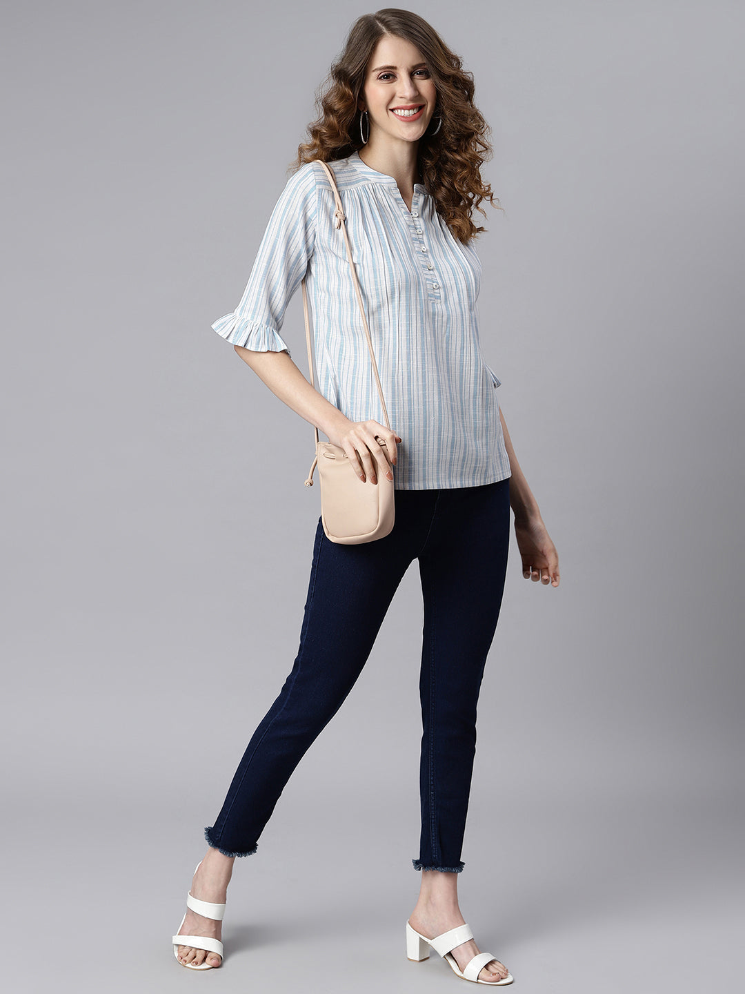 Janasya Women's White Cotton Slub Striped Straight Top - Distacart
