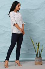 Thumbnail for Janasya Women's White Cotton Slub Striped Straight Top - Distacart
