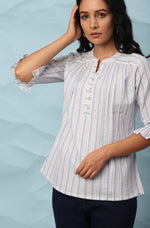 Thumbnail for Janasya Women's White Cotton Slub Striped Straight Top - Distacart