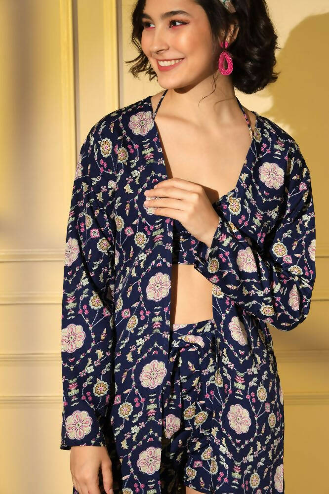 Navy Blue Platinum Creap Printed Co-Sets - Femella - Distacart