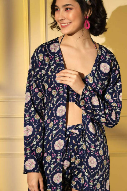 Navy Blue Platinum Creap Printed Co-Sets - Femella - Distacart