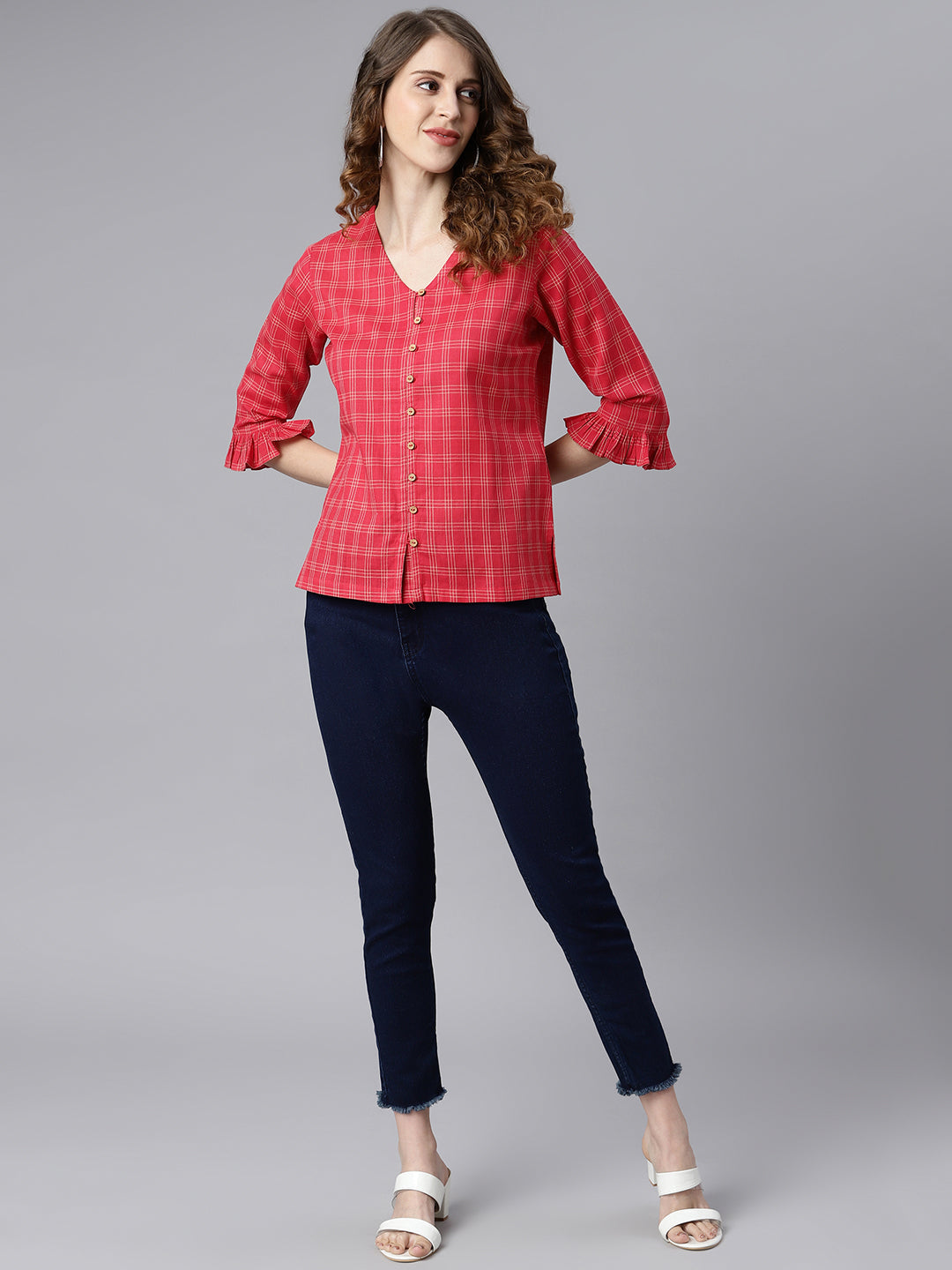 Janasya Women's Red Cotton Checkered Regular Top - Distacart