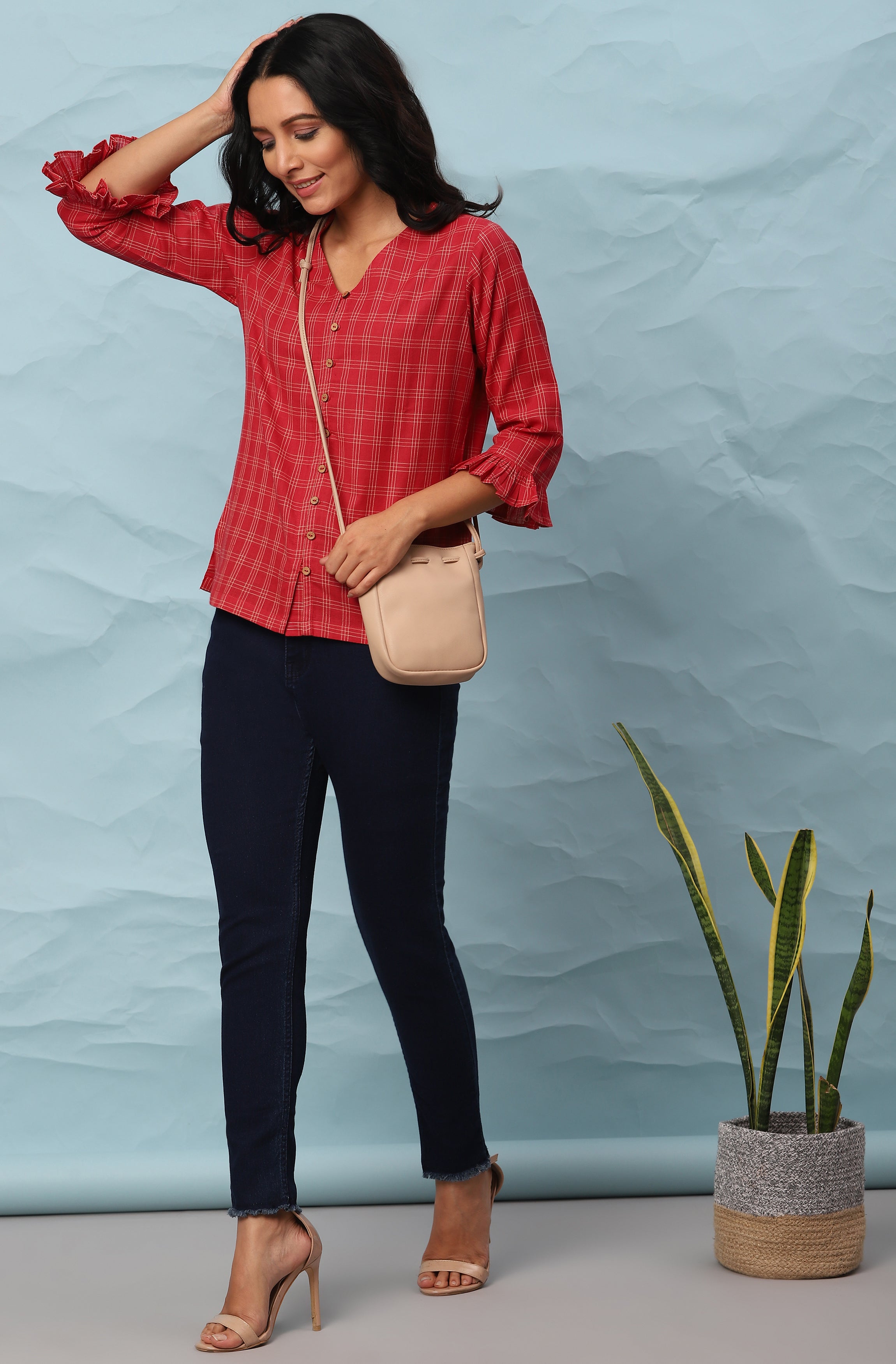 Janasya Women's Red Cotton Checkered Regular Top - Distacart