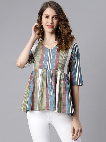Janasya Women's Multicolor Cotton Striped Gathered Top - Distacart