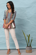 Thumbnail for Janasya Women's Multicolor Cotton Striped Gathered Top - Distacart