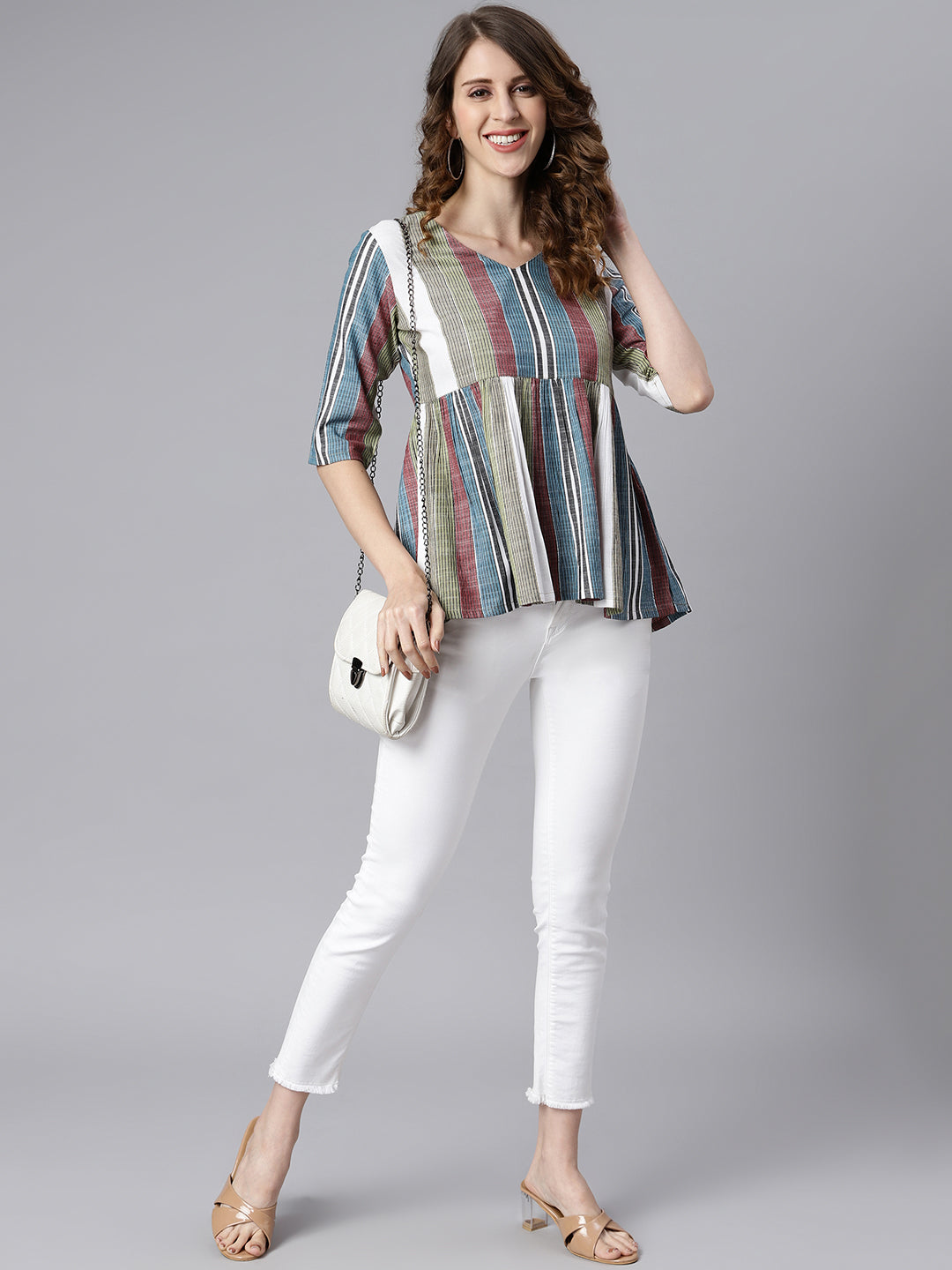 Janasya Women's Multicolor Cotton Striped Gathered Top - Distacart