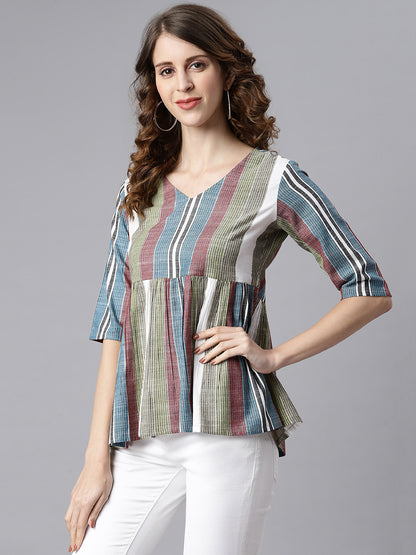 Janasya Women's Multicolor Cotton Striped Gathered Top - Distacart