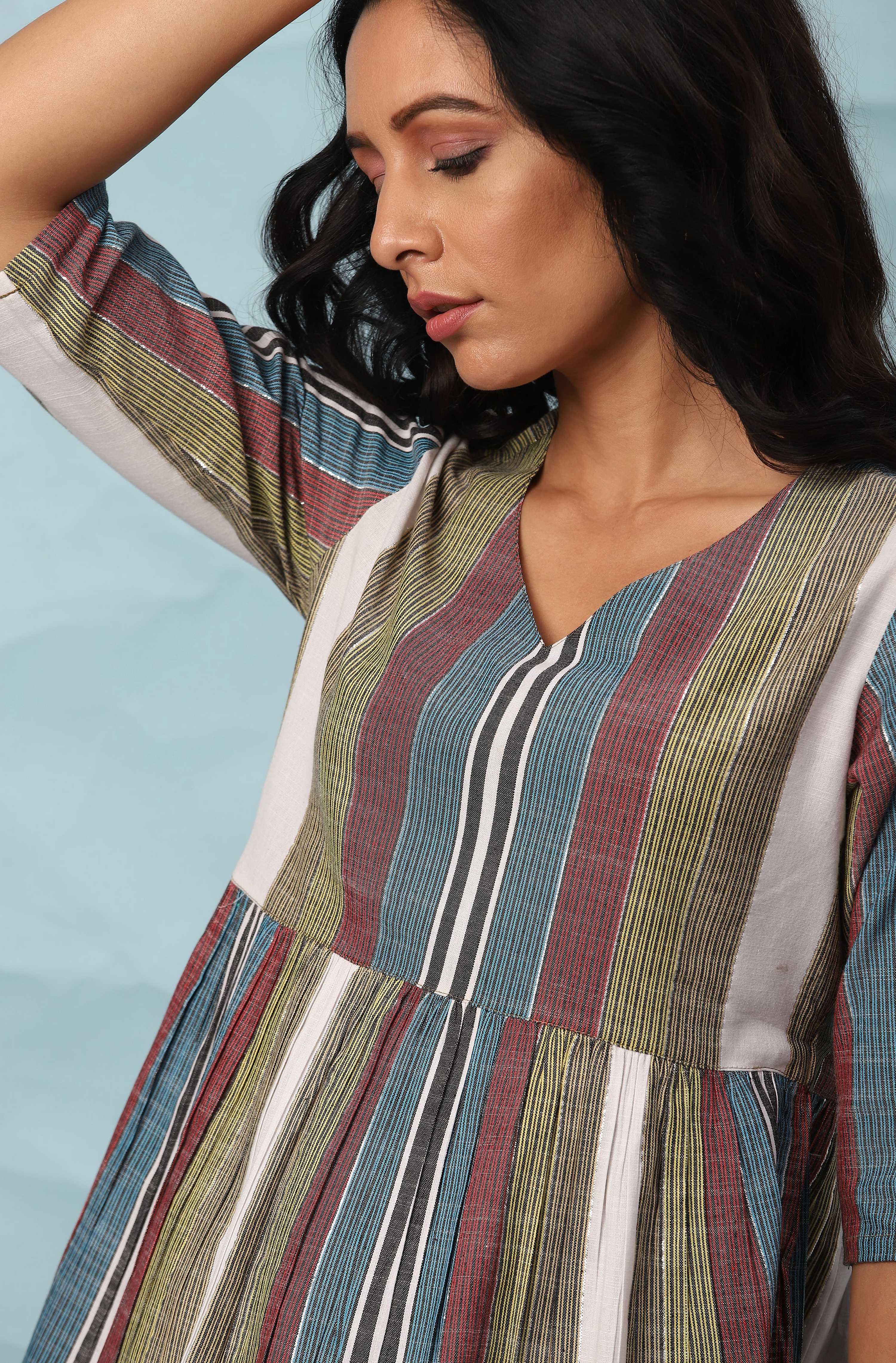 Janasya Women's Multicolor Cotton Striped Gathered Top - Distacart