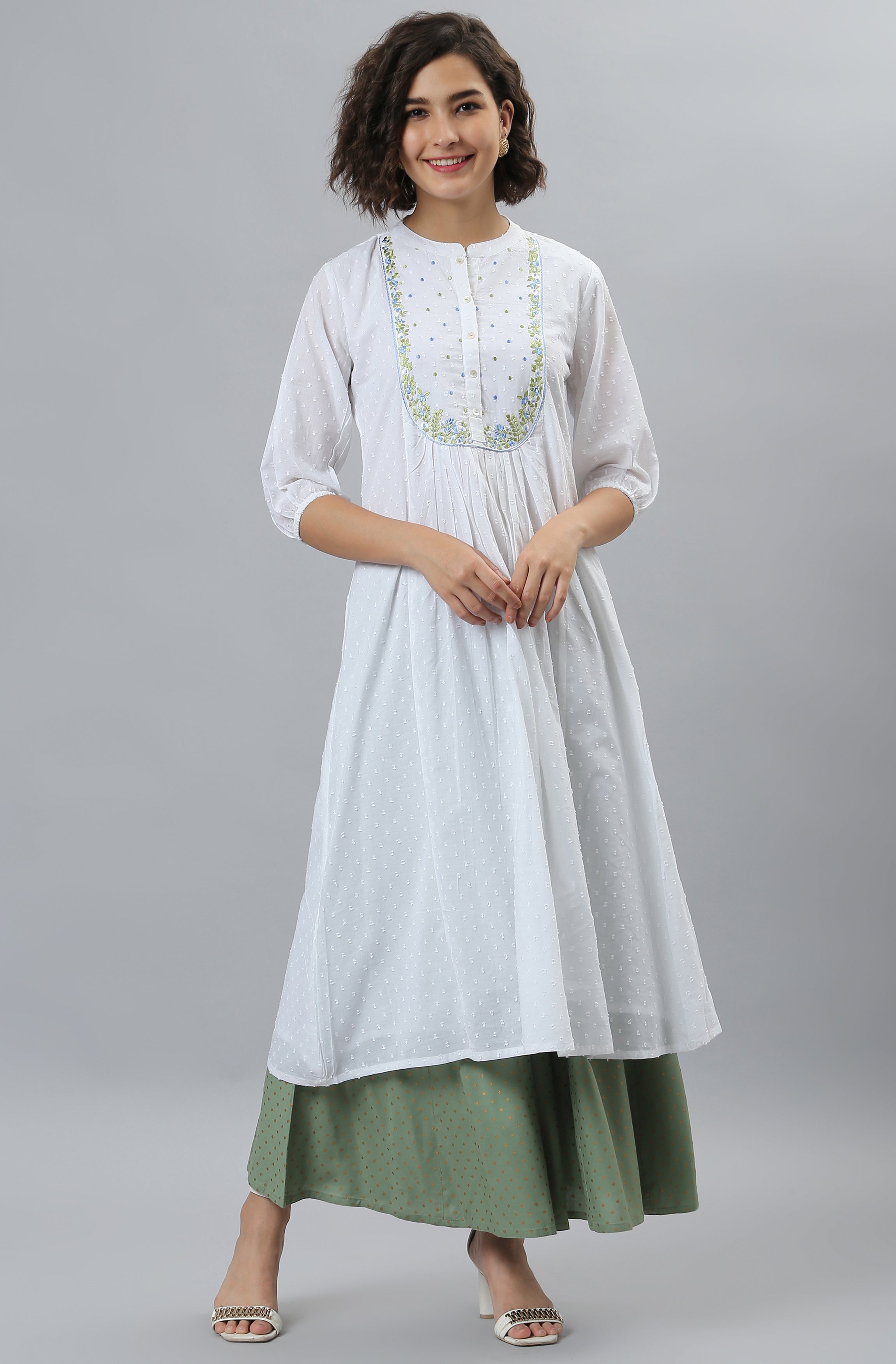Janasya Women's White Cotton Embroidered Flared Kurta - Distacart