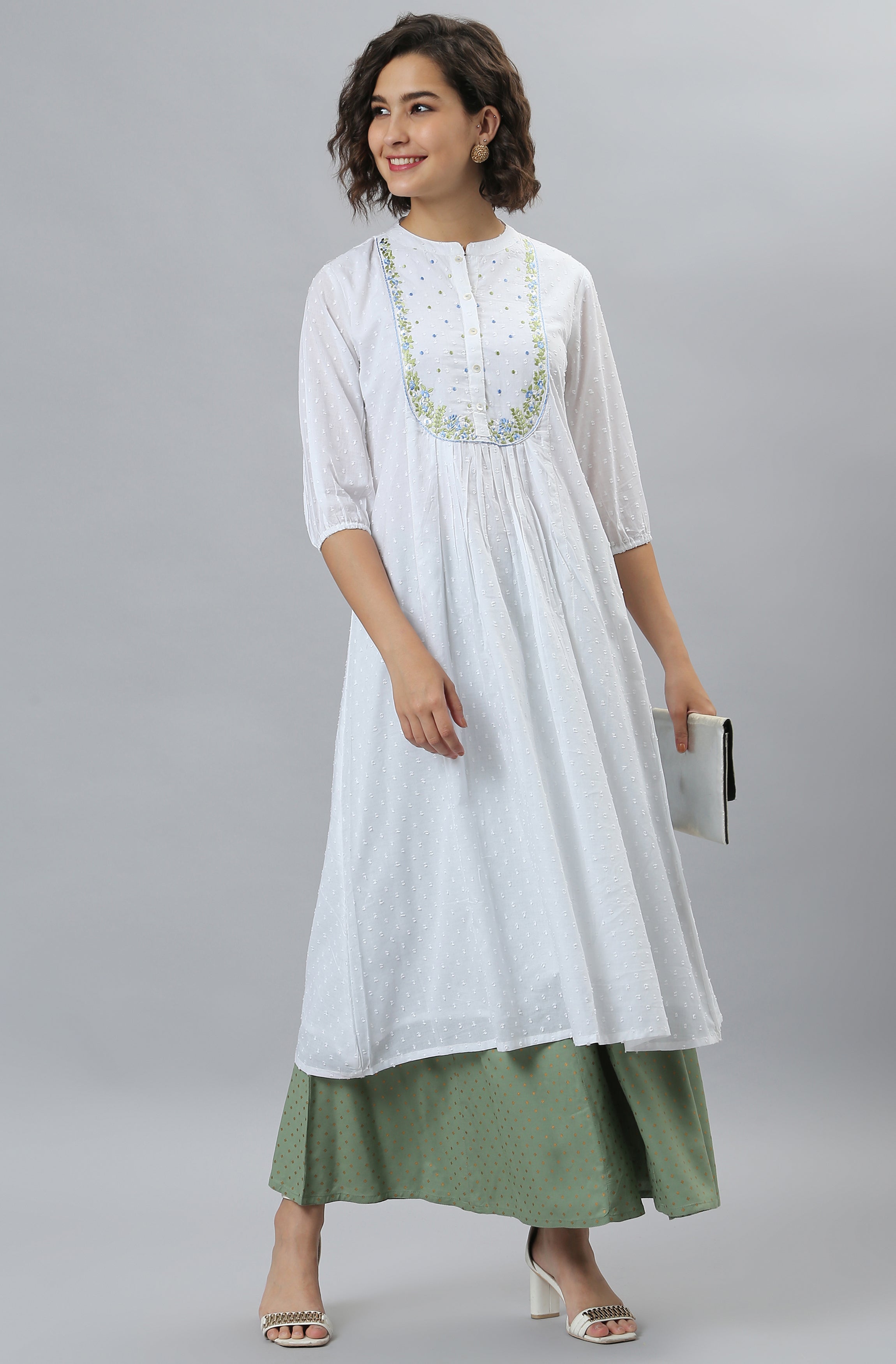 Janasya Women's White Cotton Embroidered Flared Kurta - Distacart
