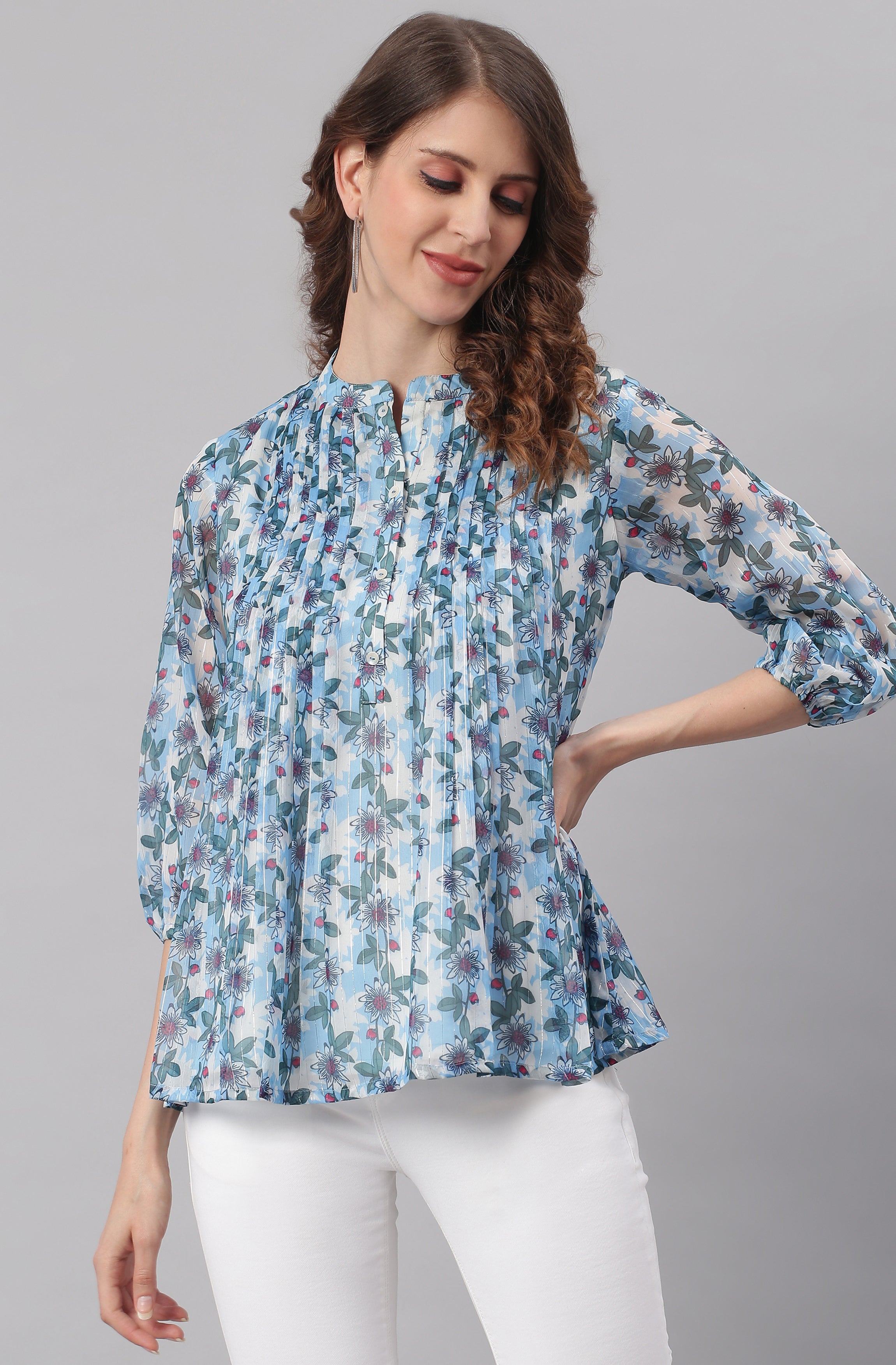 Janasya Women's Blue Poly Georgette Floral Print Pleated Top - Distacart