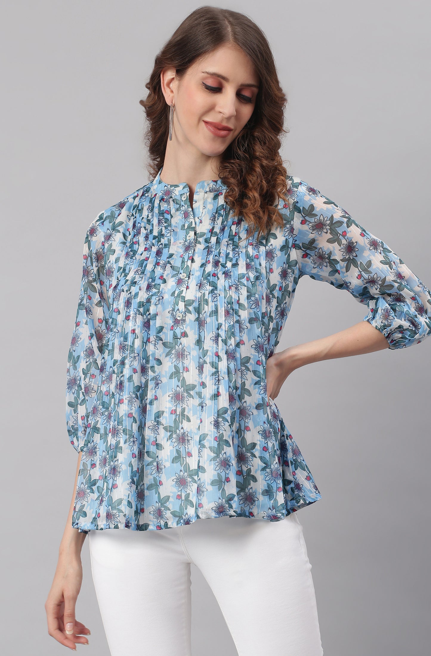 Janasya Women's Blue Poly Georgette Floral Print Pleated Top - Distacart