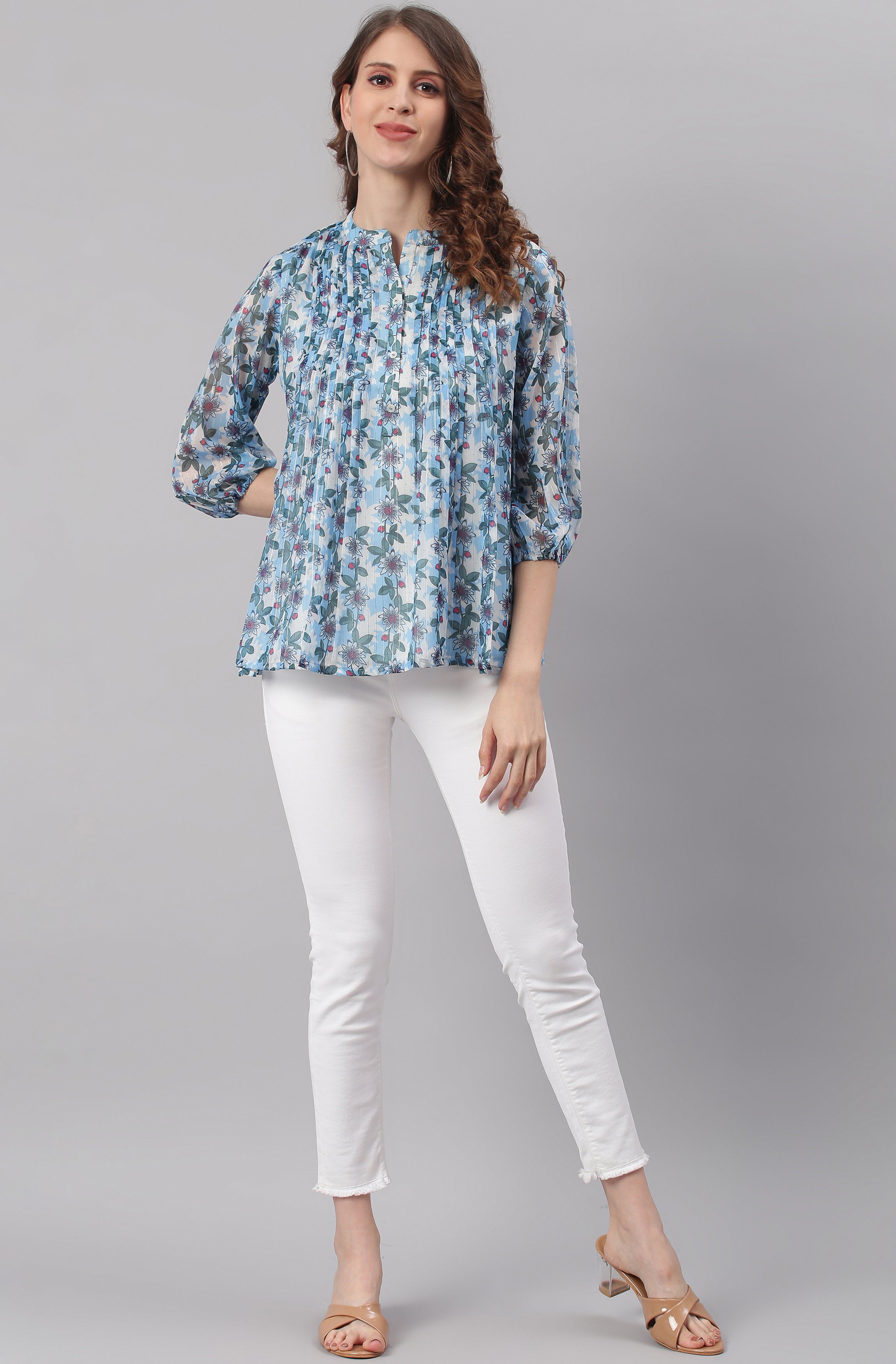 Janasya Women's Blue Poly Georgette Floral Print Pleated Top - Distacart